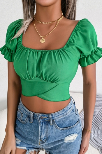 summer new 3 colors solid color inelastic square neckline short sleeves hollow lace-up backless stylish crop top