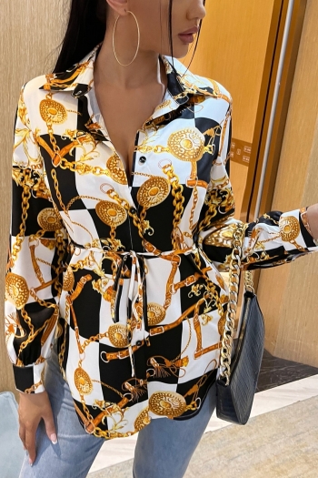 s-3xl autumn new plus size allover batch printing micro-elastic turndown collar single-breasted stylish blouse with belt