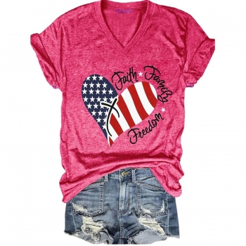 s-3xl plus size american flag summer new 7 colors stretch cotton heart-shaped & letter printing v-neck casual t-shirt(without shorts)