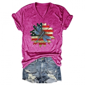S-3XL plus size american flag summer new cotton stretch flower & dragonfly printing v-neck casual t-shirt