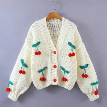 winter new micro elastic cherry crochet knitted single-breasted long sleeves v-neck stylish sweater