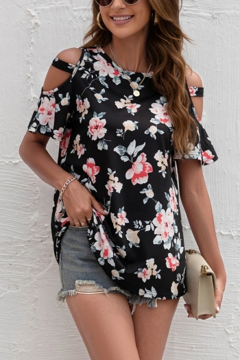 s-2xl plus size summer new stylish flower printing micro elastic hollow short sleeves casual top