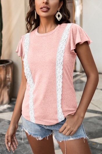 summer new stylish four colors crew neck short sleeve lace trim decor stretch casual top
