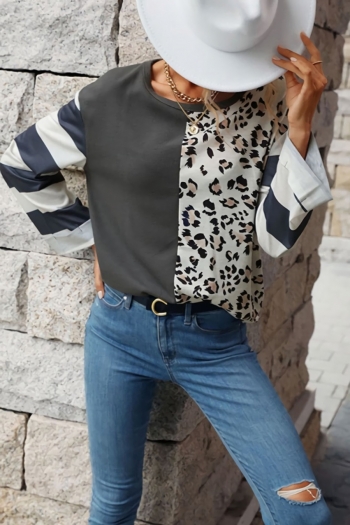 spring & autumn new stretch contrast color patchwork stripe & leopard printing long sleeves loose stylish top