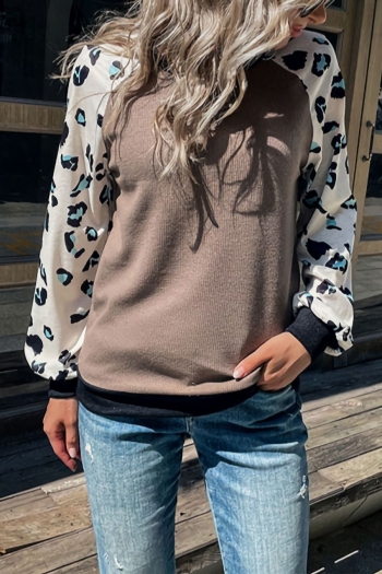 spring & autumn new stylish micro elastic long sleeves leopard printing contrast color spliced loose casual top