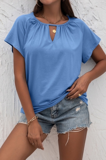 summer new stylish five colors solid color crew neck short sleeve hollow stretch casual top