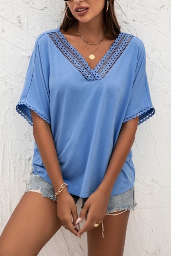 summer new stylish four colors solid color v-neck lace trim hollow stretch casual top