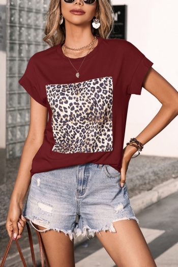 summer new stylish four colors leopard fixed printing crew neck short sleeve stretch casual top