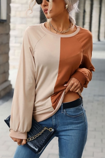 spring & autumn new contrast color patchwork micro elastic crew neck long sleeves stylish top