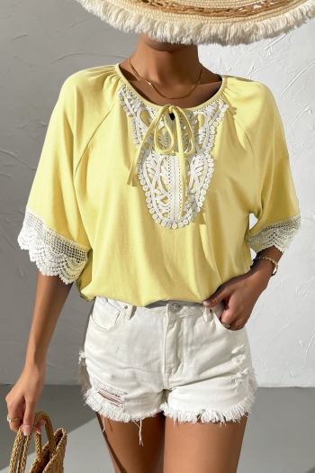 summer new stylish three colors solid color lace-up crew neck lace trim decor stretch casual top