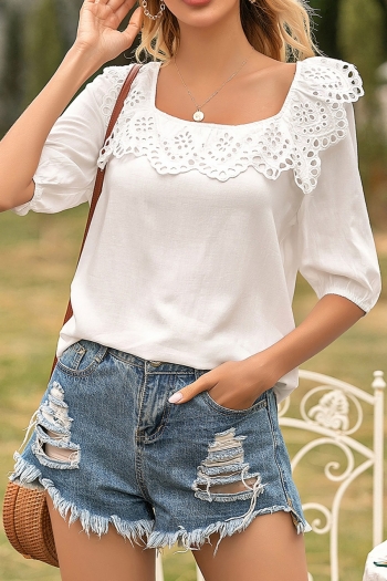 summer new stylish solid color square neck lace trim short sleeve inelastic casual top