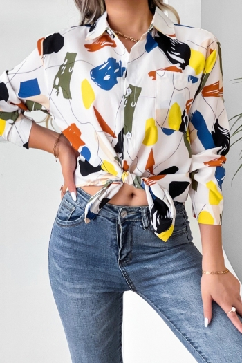 spring & summer new abstract batch printing inelastic long sleeve turndown colloar single breasted pocket stylish casual blouse