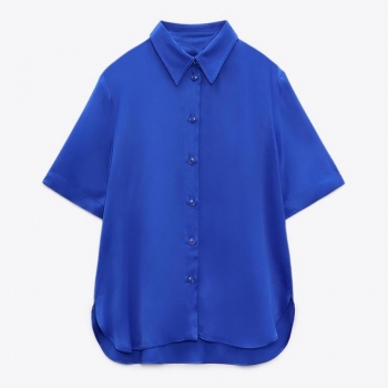 xs-l summer new stylish two colors lapel solid color button short sleeve inelastic satin casual top