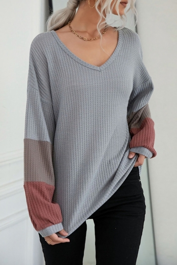 spring & autumn new micro elastic contrast color spliced long sleeves v-neck knitted loose casual top