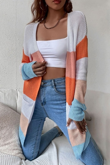autumn new stretch contrast color patchwork long sleeves pocket stylish cardigan sweater