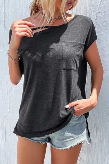 summer new solid color stretch off-the-shoulder pocket hollow short sleeves loose stylish t-shirt