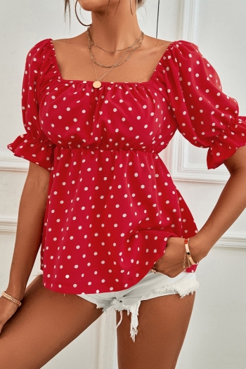 summer new 2 colors polka dot batch printing stretch off-the-shoulder frill trim shirring stylish casual blouse(only blouse)