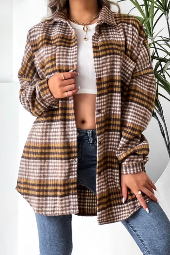 s-2xl plus size autumn & winter new 3 colors checked & houndstooth batch printing  inelastic turndown collar single breasted pocket stylish casual top（without belt）