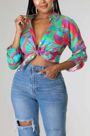 summer new stylish batch printing lapel button long sleeve metal ring connected hollow inelastic casual top