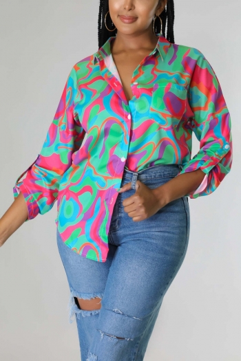 Summer new stylish batch printing lapel button long sleeve metal ring connected hollow inelastic casual top