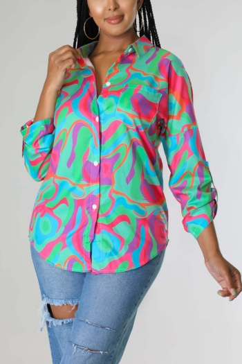 Summer new stylish batch printing lapel button long sleeve metal ring connected hollow inelastic casual top
