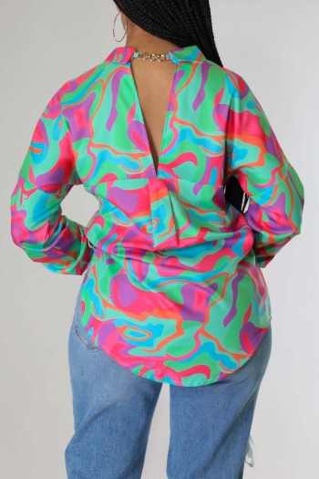 Summer new stylish batch printing lapel button long sleeve metal ring connected hollow inelastic casual top
