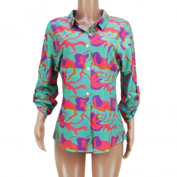 Summer new stylish batch printing lapel button long sleeve metal ring connected hollow inelastic casual top