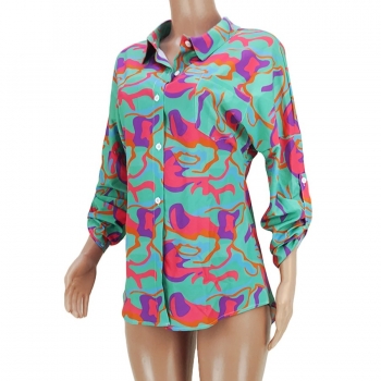 Summer new stylish batch printing lapel button long sleeve metal ring connected hollow inelastic casual top