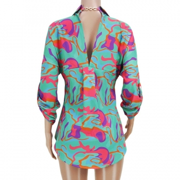 Summer new stylish batch printing lapel button long sleeve metal ring connected hollow inelastic casual top