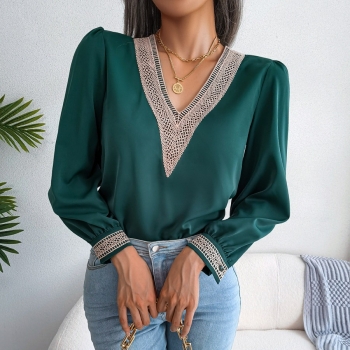 spring new 3 colors inelastic lace spliced v-neck long sleeves loose stylish blouse