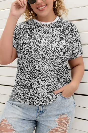 2xl-5xl plus size summer new 3 colors leopard printing stretch short sleeve crew neck stylish casual top