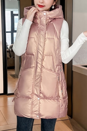 m-2xl plus size new 4 colors glossy inelastic sleeveless hooded single breasted zip-up pockets puffer jacket