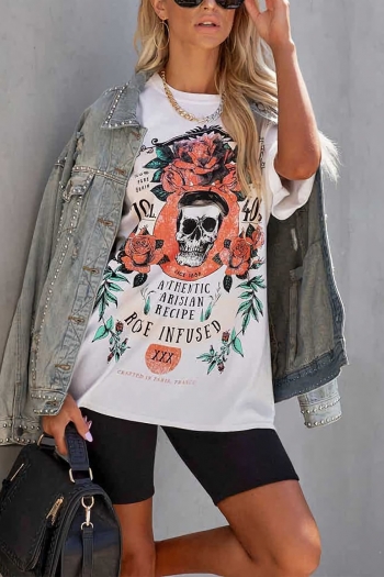 summer new skull & floral & letter fixed printing stretch short sleeve crew neck stylish casual t-shirt(only t-shirt)