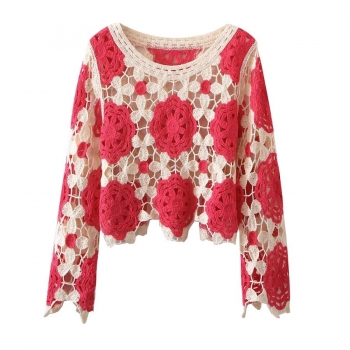 spring new 5 colors micro elastic flower knitted cutout long sleeves crew neck fashion top