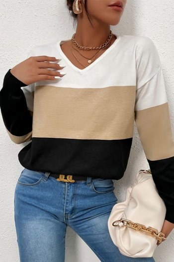 autumn & winter new micro elastic contrast color spliced v-neck long sleeves loose stylish sweater