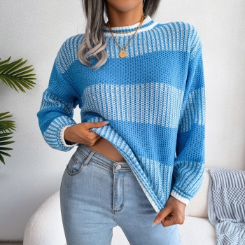 autumn & winter new 3 colors stretch stripe knitted crew neck long sleeves loose stylish sweater