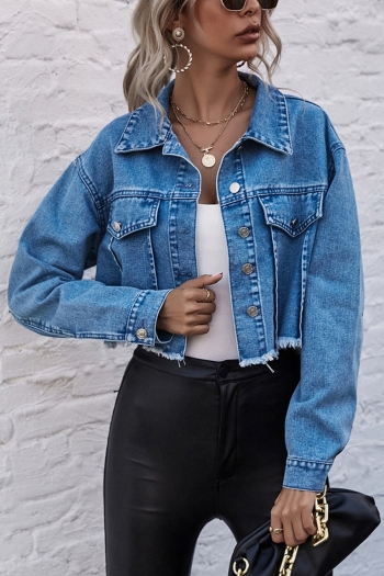 xs-l autumn new two colors slight stretch turndown collar single-breasted raw edge stylish all-match crop denim jacket (only jacket)