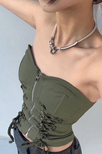 summer new solid color inelastic crossed sling lace up zip-up metallic-ring connected stylish sexy tube top