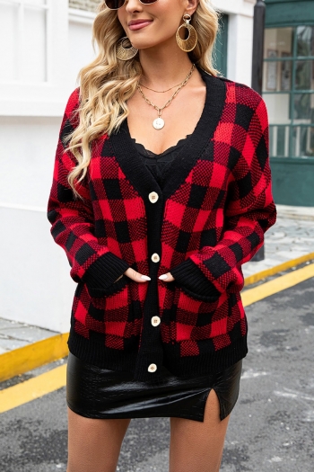 winter new two colors plaid knitted high stretch v-neck single-breasted pockets stylish sweater
