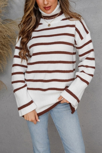 winter new two colors stripe knitted high stretch turtleneck loose stylish sweater