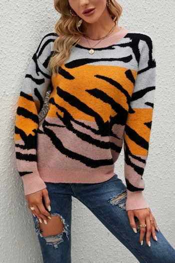 winter new 3 colors contrast color tiger knitted stretch long sleeve crew neck stylish casual sweater