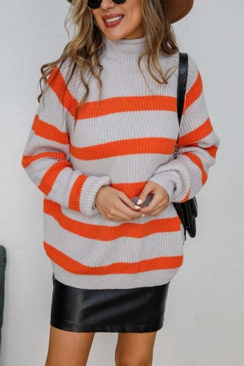 winter new three colors stripe knitted high stretch high-neck loose stylish sweater