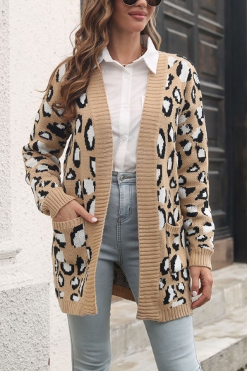 winter new leopard knitted high stretch pockets stylish cardigan sweater