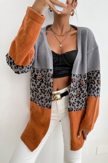 autumn & winter new stretch contrast color spliced leopard knitted loose casual cardigan sweater(no vest)