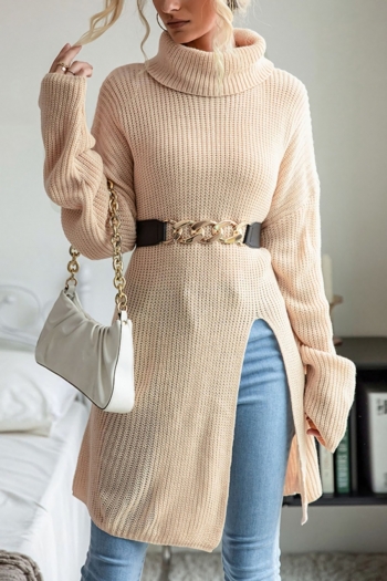 winter new solid color stretch knitted high neck split fashion long sweater(without belt)