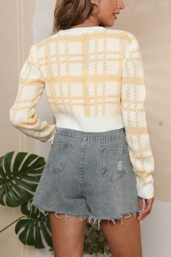 Autumn winter new three colors plaid knitted stretch v-neck single-breasted stylish all-match crop sweater (only sweater)