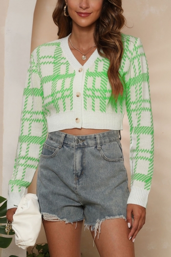 Autumn winter new three colors plaid knitted stretch v-neck single-breasted stylish all-match crop sweater (only sweater)