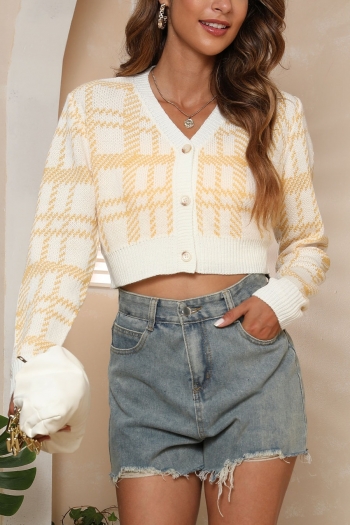 Autumn winter new three colors plaid knitted stretch v-neck single-breasted stylish all-match crop sweater (only sweater)