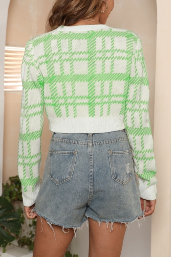 Autumn winter new three colors plaid knitted stretch v-neck single-breasted stylish all-match crop sweater (only sweater)