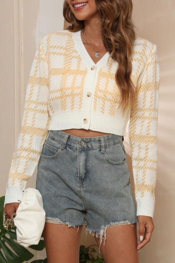 Autumn winter new three colors plaid knitted stretch v-neck single-breasted stylish all-match crop sweater (only sweater)